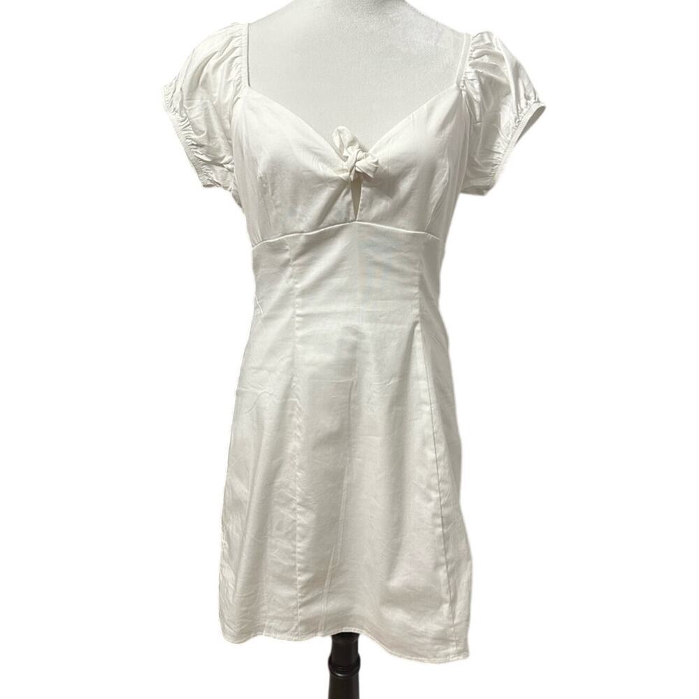 Socialite Womens A Line Dress White Mini Cottagecore Puff Sleeve Cut Out L New